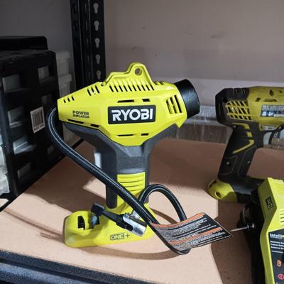 RYOBI INFLATOR, CIRCULAR SAW AND DRILL (INCLUDES CHARGER BUT NO BATTERY)