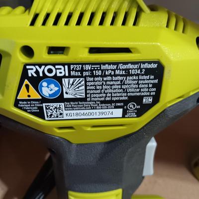 RYOBI INFLATOR, CIRCULAR SAW AND DRILL (INCLUDES CHARGER BUT NO BATTERY)