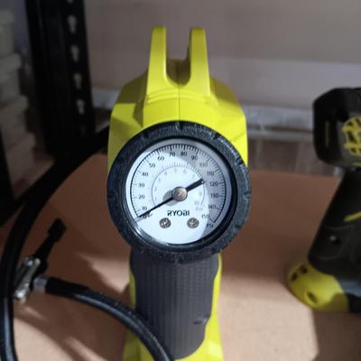 RYOBI INFLATOR, CIRCULAR SAW AND DRILL (INCLUDES CHARGER BUT NO BATTERY)