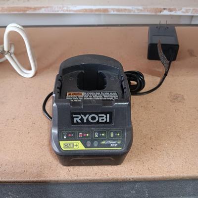 RYOBI INFLATOR, CIRCULAR SAW AND DRILL (INCLUDES CHARGER BUT NO BATTERY)