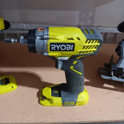 RYOBI INFLATOR, CIRCULAR SAW AND DRILL (INCLUDES CHARGER BUT NO BATTERY)