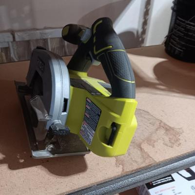 RYOBI INFLATOR, CIRCULAR SAW AND DRILL (INCLUDES CHARGER BUT NO BATTERY)