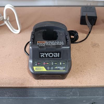 RYOBI INFLATOR, CIRCULAR SAW AND DRILL (INCLUDES CHARGER BUT NO BATTERY)