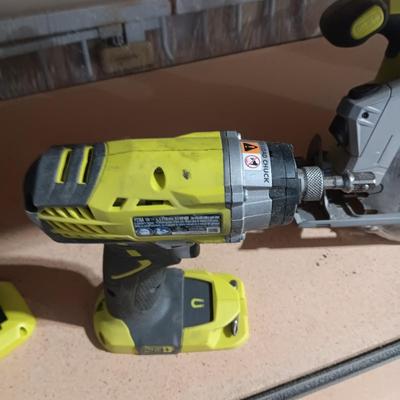 RYOBI INFLATOR, CIRCULAR SAW AND DRILL (INCLUDES CHARGER BUT NO BATTERY)