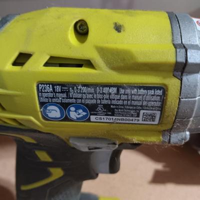 RYOBI INFLATOR, CIRCULAR SAW AND DRILL (INCLUDES CHARGER BUT NO BATTERY)