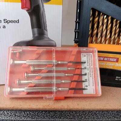 LIKE NEW CORDLESS DRILL, DRILL BITS AND PRECISION SCREWDRIVERS