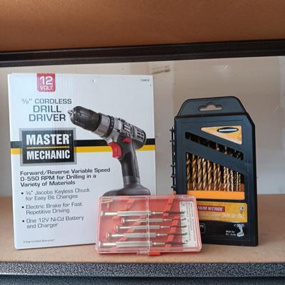 LIKE NEW CORDLESS DRILL, DRILL BITS AND PRECISION SCREWDRIVERS
