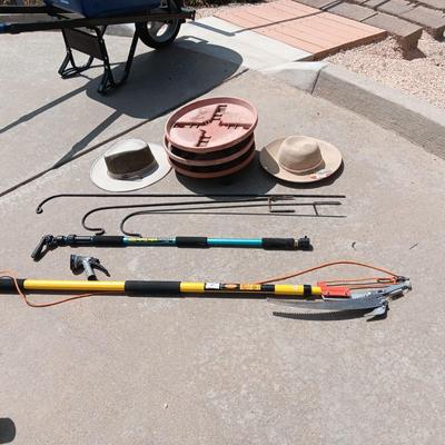 HIS AND HERS SUN HATS, 3 PLANT DOLLIES, LIMB CUTTER AND MORE
