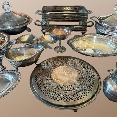 Large Assortment of Vintage Silver-Plated Serving Pieces