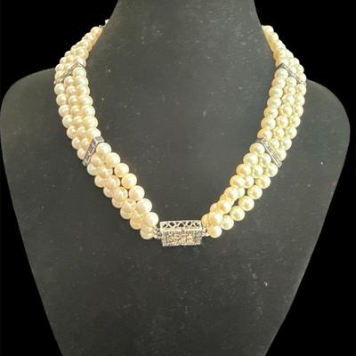 3 Strand Pearl Sterling Silver Necklace