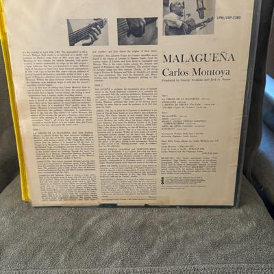 Sale Photo Thumbnail #479: "Malagueña" by Carlos Montoya, released on the RCA Victor label. 
Here's more information about the album:
Artist: Carlos Montoya (a renowned flamenco guitarist).
Title: Malagueña.
Release Information: "Recorded in Concert" and released by RCA Victor.
C