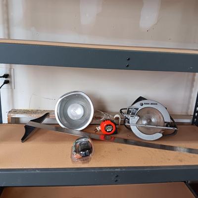 7 1/4 CIRCULAR SAW, 36" T-SQUARE, CLIP ON LIGHT, TAPE MEASURE AND NEW BATTERY CHARGER