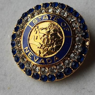 Sale Photo Thumbnail #542: Costume jewelry, by Rafaelin
1.5 inch diameter
Blue and clear rhinestones with the seal of Nevada 
Statement pin, pre-owned