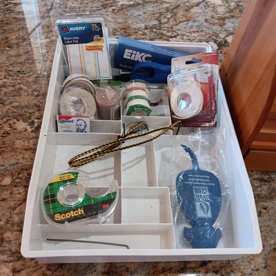 ROLL TOP ORGANIZER AND SOME SUPPLIES IN A DRAWER ORGANIZER