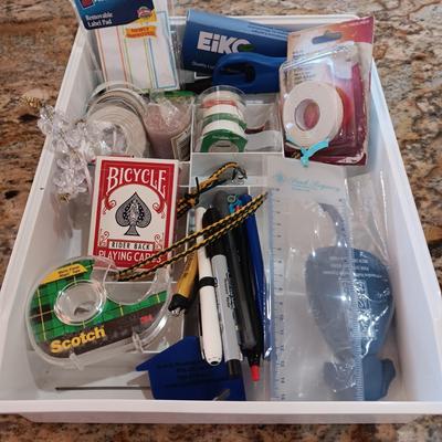 ROLL TOP ORGANIZER AND SOME SUPPLIES IN A DRAWER ORGANIZER