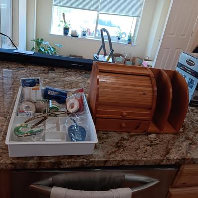 ROLL TOP ORGANIZER AND SOME SUPPLIES IN A DRAWER ORGANIZER