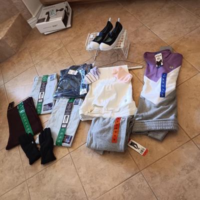 LADIES NEW PANTS SIZE 12 & 14, NEW SWEATSHIRT (L) SWEATPANTS (M) AND SIZE 8 NIKE SHOES