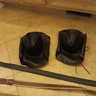 2 MENS COLUMBIA LEATHER BELTS, 1 CLOTH SIZE 36 AND 2 HATS SIZE MEDIUM