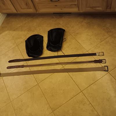 2 MENS COLUMBIA LEATHER BELTS, 1 CLOTH SIZE 36 AND 2 HATS SIZE MEDIUM