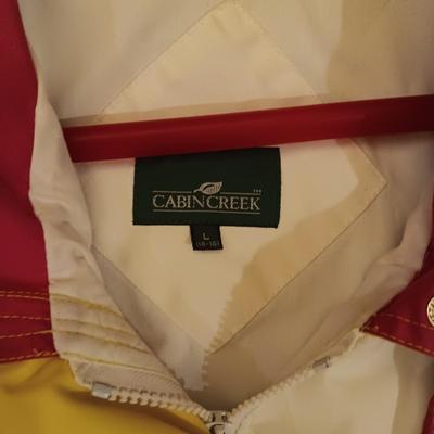 LADIES CROFT & BARROW WINTER COAT (1X), CABIN CREEK RAIN COAT (L) WINTER BOOTS (9) AND JEANS (12 & 14)
