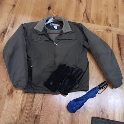 MENS LINED COLUMBIA JACKET (LT), SPYDER GLOVES (L) AND AN UMBRELLA