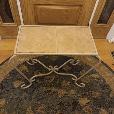 ROUND AREA RUG, IRON SIDE TABLE WITH TILE TOP AND 2 DOOR MATS