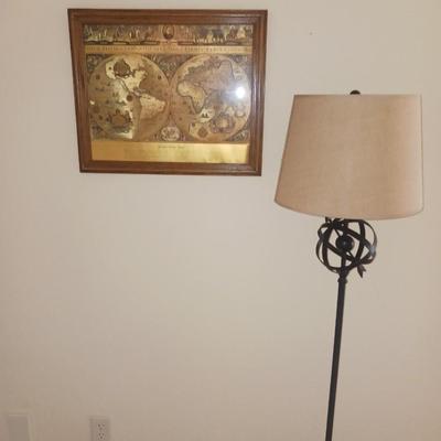 FLOOR LAMP AND FRAMED WORLD MAP