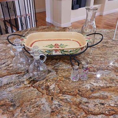GAIL PITTMAN SERVING DISH WITH IRON HOLDER, CRUETS & SHAKERS