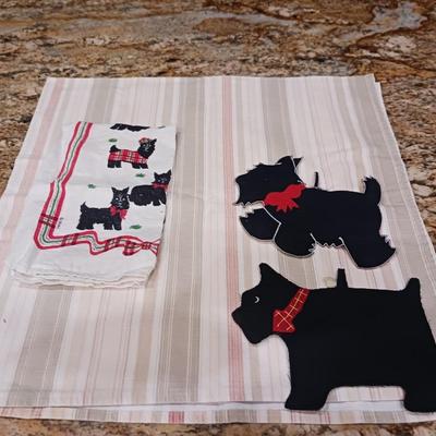 SCOTTY DOG POT HOLDERS AND DISH TOWEL PLUS TABLECLOTH