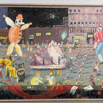 Sale Photo Thumbnail #1: Great vintage outsider art painting so festive and colorful, Signed "Hazelle" '62. approximate 4' by 2' on board, homemade frame with a mountain scene painted on the reverse side.