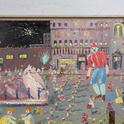 Sale Photo Thumbnail #5: Great vintage outsider art painting so festive and colorful, Signed "Hazelle" '62. approximate 4' by 2' on board, homemade frame with a mountain scene painted on the reverse side.