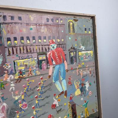 Sale Photo Thumbnail #10: Great vintage outsider art painting so festive and colorful, Signed "Hazelle" '62. approximate 4' by 2' on board, homemade frame with a mountain scene painted on the reverse side.
