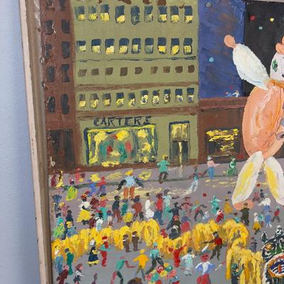 Sale Photo Thumbnail #9: Great vintage outsider art painting so festive and colorful, Signed "Hazelle" '62. approximate 4' by 2' on board, homemade frame with a mountain scene painted on the reverse side.