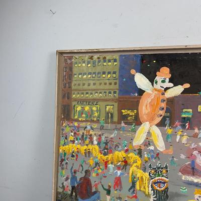 Sale Photo Thumbnail #7: Great vintage outsider art painting so festive and colorful, Signed "Hazelle" '62. approximate 4' by 2' on board, homemade frame with a mountain scene painted on the reverse side.