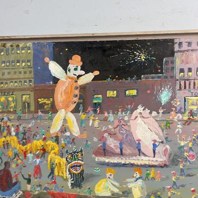 Sale Photo Thumbnail #6: Great vintage outsider art painting so festive and colorful, Signed "Hazelle" '62. approximate 4' by 2' on board, homemade frame with a mountain scene painted on the reverse side.