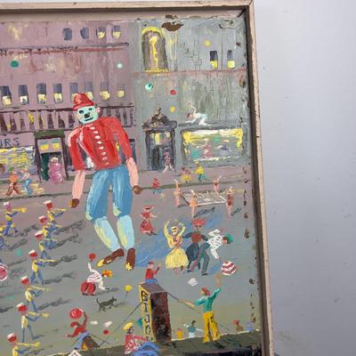 Sale Photo Thumbnail #4: Great vintage outsider art painting so festive and colorful, Signed "Hazelle" '62. approximate 4' by 2' on board, homemade frame with a mountain scene painted on the reverse side.