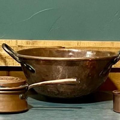 Sale Photo Thumbnail #95: Vintage hammered copper coffee pot, large tea pot, large bowl, two pots.
Minor to moderate wear.