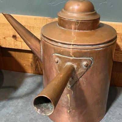 Sale Photo Thumbnail #96: Vintage hammered copper coffee pot, large tea pot, large bowl, two pots.
Minor to moderate wear.