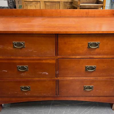 Sale Photo Thumbnail #445: Hotel grade commercial furniture. Has a little backslash included. Formica Top. Cherry Finish.  Measures 52 x 25 x 35" Tall Has a Few chips and a little dinged up. Bring Help! 