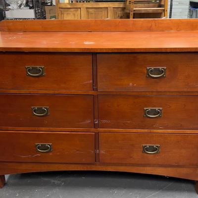 Sale Photo Thumbnail #450: Hotel grade commercial furniture. Came from Snowbird. Has a little backslash included. Formica Top. Cherry Finish.  Measures 52 x 25 x 35" Tall Has a Few chips and a little dinged up. Bring Help! 
