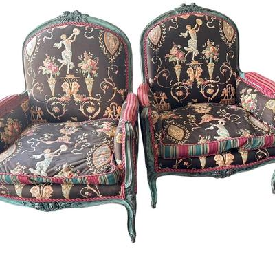 Furniture - Pair Custom French style Bergère chairs