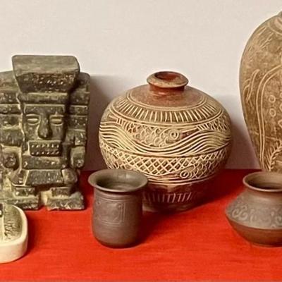 Sale Photo Thumbnail #205: Three pieces are signed Sabah (Malaysia)
Two small vases
Two rustic vases
One hanging vase
One ceramic figure
One candle holder