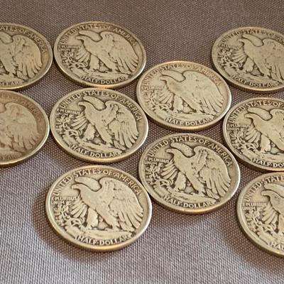 TEN Silver Standing Liberty Half Dollars