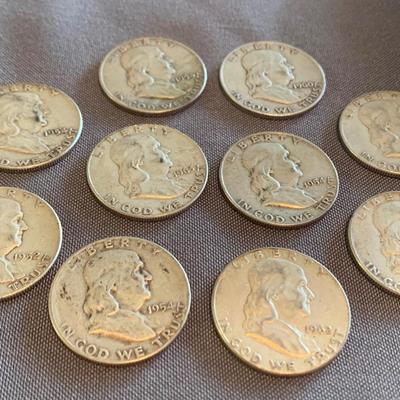 TEN Silver Benjamin Franklin Half Dollars