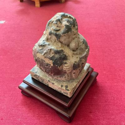 L418 Antique Stone Budda With Wooden Base