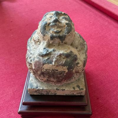 L418 Antique Stone Budda With Wooden Base