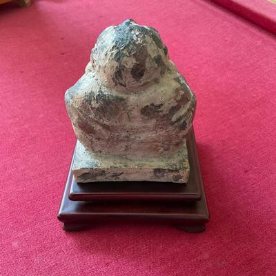 L418 Antique Stone Budda With Wooden Base