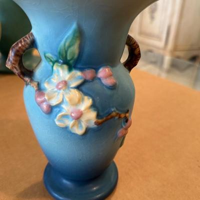 Decor - Roseville Art Pottery Blue Double Handled Vase Apple Blossom Pattern 385