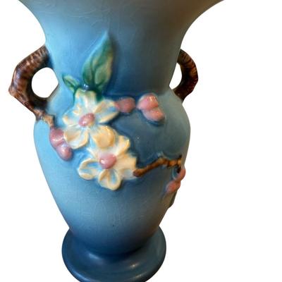 Decor - Roseville Art Pottery Blue Double Handled Vase Apple Blossom Pattern 385