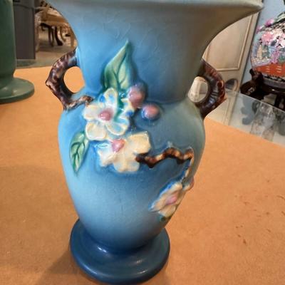 Decor - Roseville Art Pottery Blue Double Handled Vase Apple Blossom Pattern 385